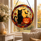 Halloween Black Cat and Jack O Lantern Glass Suncatcher, Bat and Autumn Leaves Window Hanging Decor