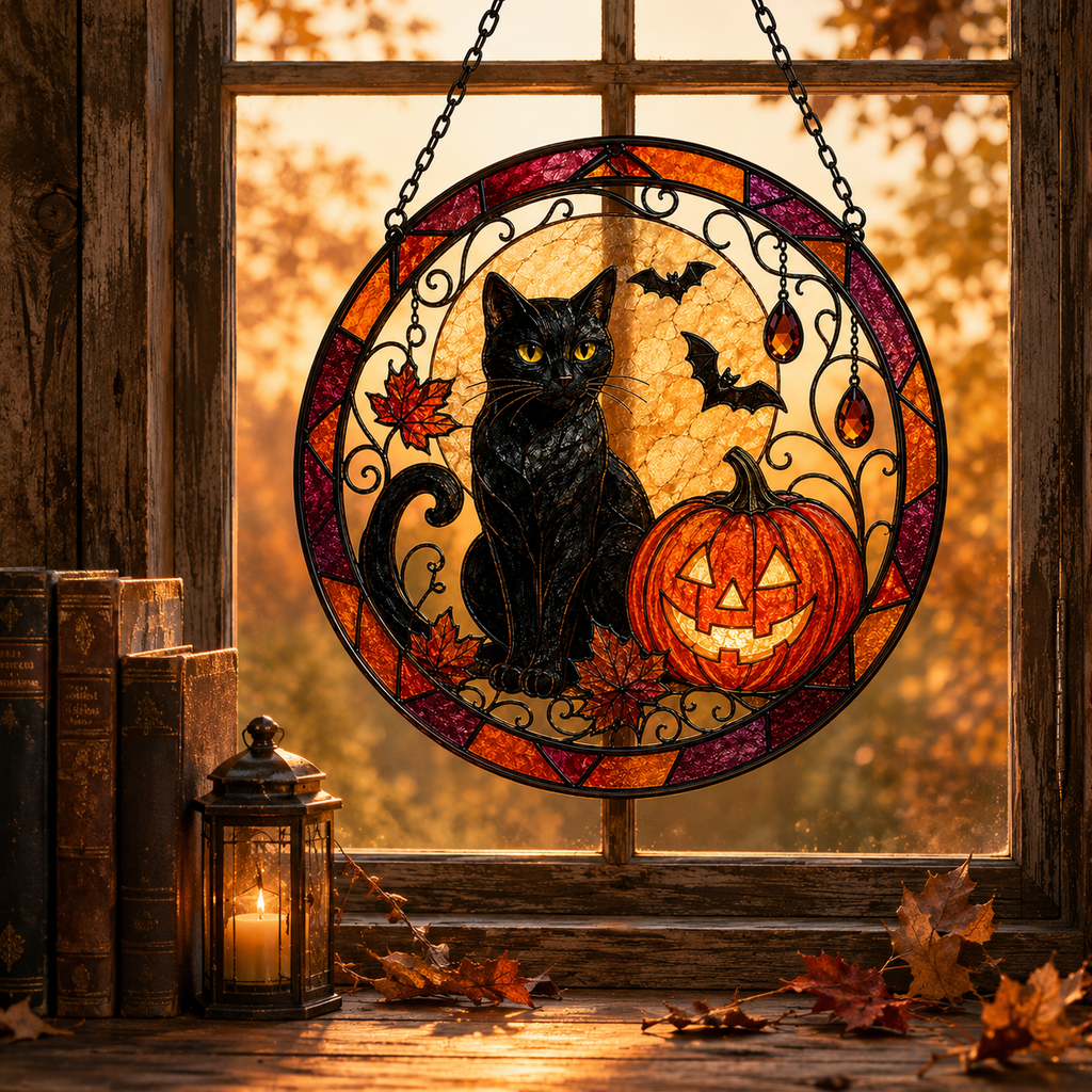 Halloween Black Cat and Jack O Lantern Glass Suncatcher, Bat and Autumn Leaves Window Hanging Decor