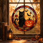 Halloween Black Cat and Jack O Lantern Glass Suncatcher, Bat and Autumn Leaves Window Hanging Decor