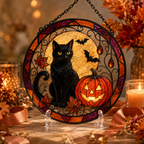 Halloween Black Cat and Jack O Lantern Glass Suncatcher, Bat and Autumn Leaves Window Hanging Decor