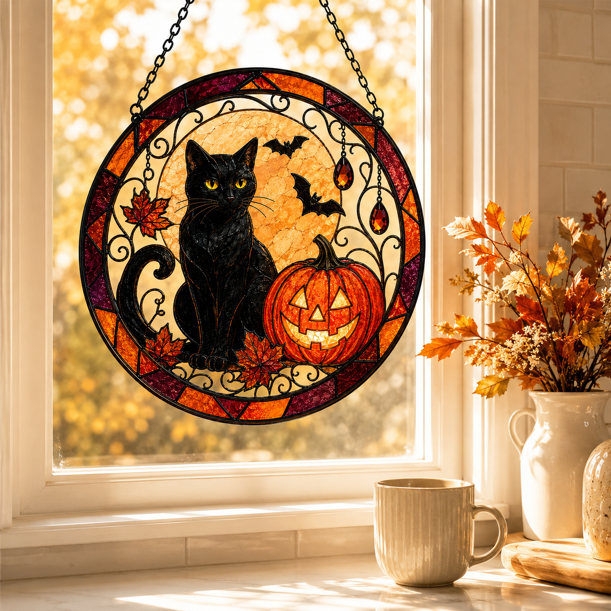 Halloween Black Cat and Jack O Lantern Glass Suncatcher, Bat and Autumn Leaves Window Hanging Decor