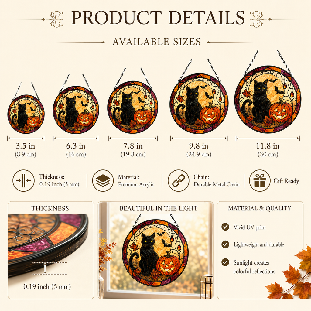 Halloween Black Cat and Jack O Lantern Glass Suncatcher, Bat and Autumn Leaves Window Hanging Decor