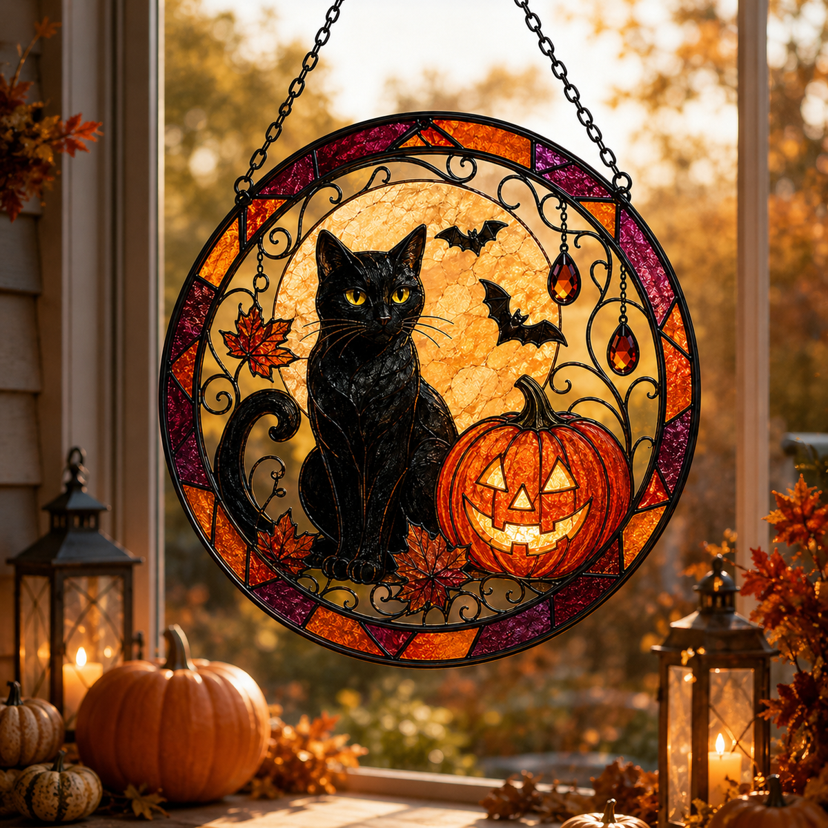 Halloween Black Cat and Jack O Lantern Glass Suncatcher, Bat and Autumn Leaves Window Hanging Decor