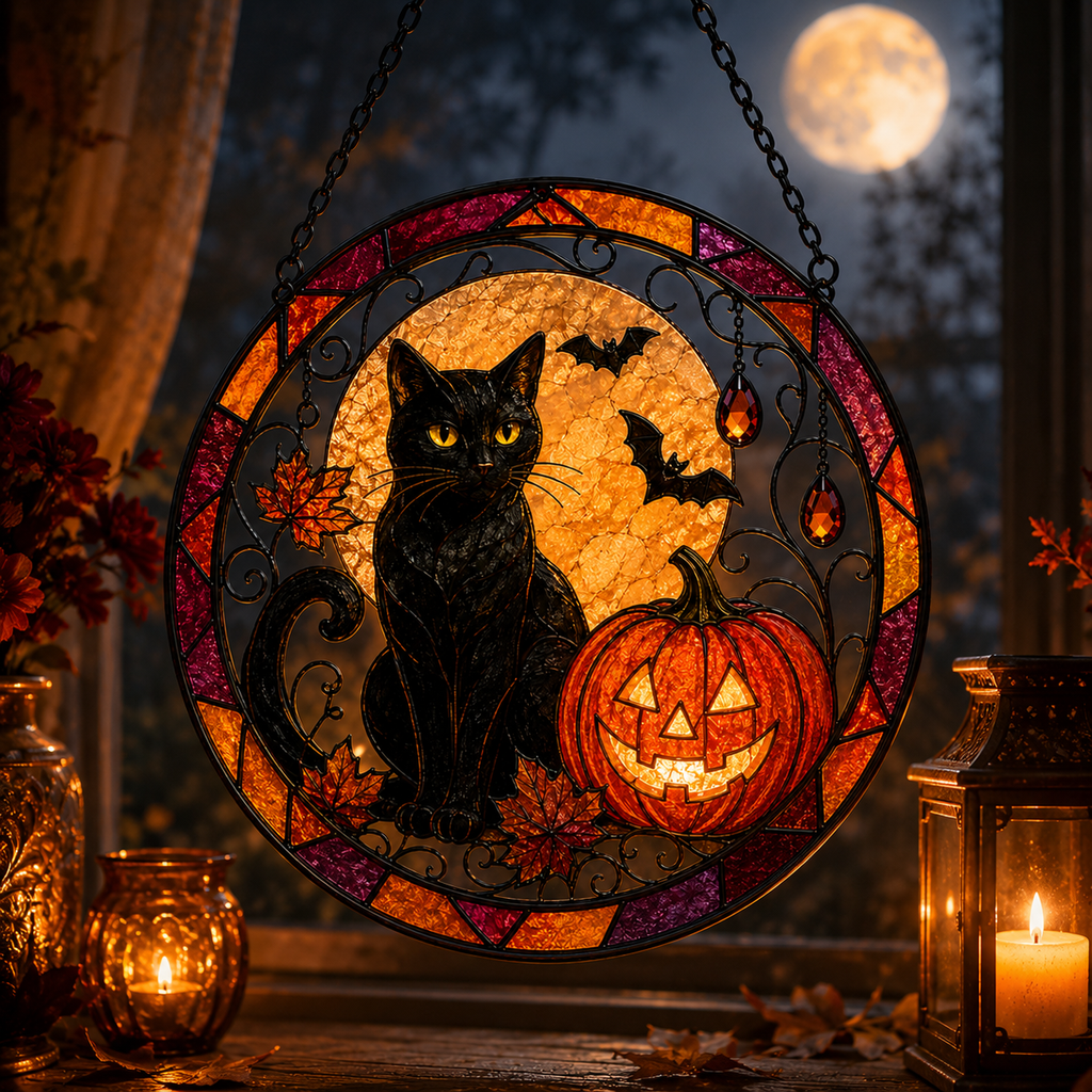 Halloween Black Cat and Jack O Lantern Glass Suncatcher, Bat and Autumn Leaves Window Hanging Decor