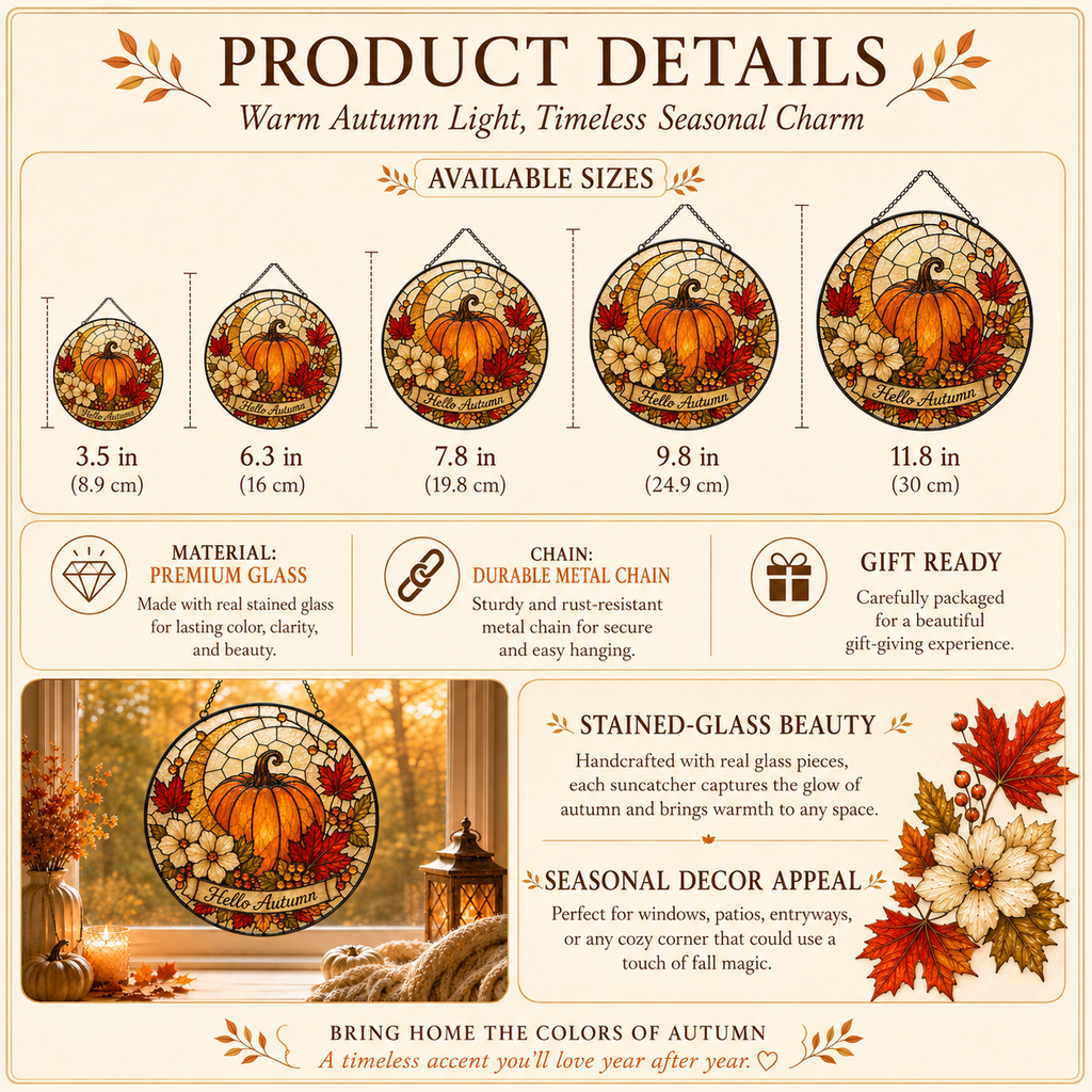 Hello Autumn Pumpkin and Maple Leaves Glass Suncatcher, Fall Window Hanging Home Decor