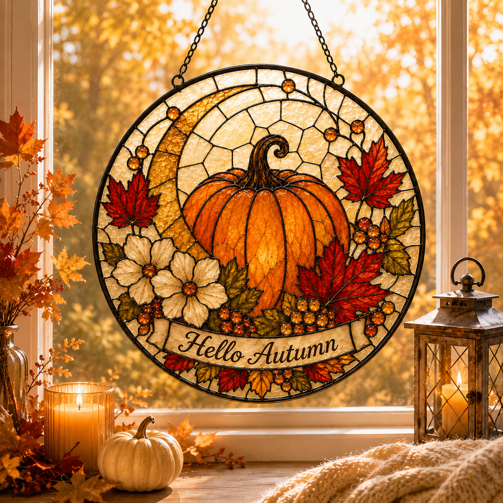 Hello Autumn Pumpkin and Maple Leaves Glass Suncatcher, Fall Window Hanging Home Decor