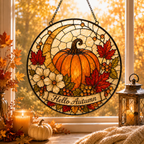 Hello Autumn Pumpkin and Maple Leaves Glass Suncatcher, Fall Window Hanging Home Decor