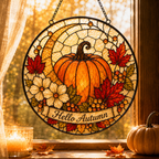 Hello Autumn Pumpkin and Maple Leaves Glass Suncatcher, Fall Window Hanging Home Decor