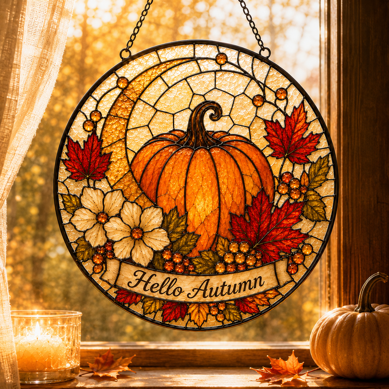 Hello Autumn Pumpkin and Maple Leaves Glass Suncatcher, Fall Window Hanging Home Decor