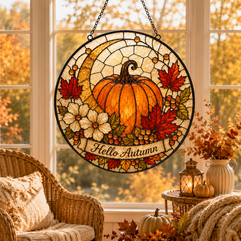 Hello Autumn Pumpkin and Maple Leaves Glass Suncatcher, Fall Window Hanging Home Decor