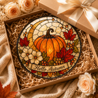 Hello Autumn Pumpkin and Maple Leaves Glass Suncatcher, Fall Window Hanging Home Decor