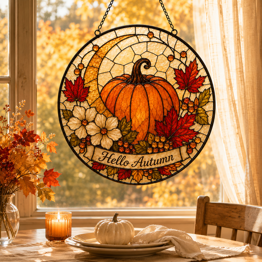 Hello Autumn Pumpkin and Maple Leaves Glass Suncatcher, Fall Window Hanging Home Decor