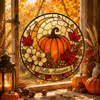Hello Autumn Pumpkin and Maple Leaves Glass Suncatcher, Fall Window Hanging Home Decor