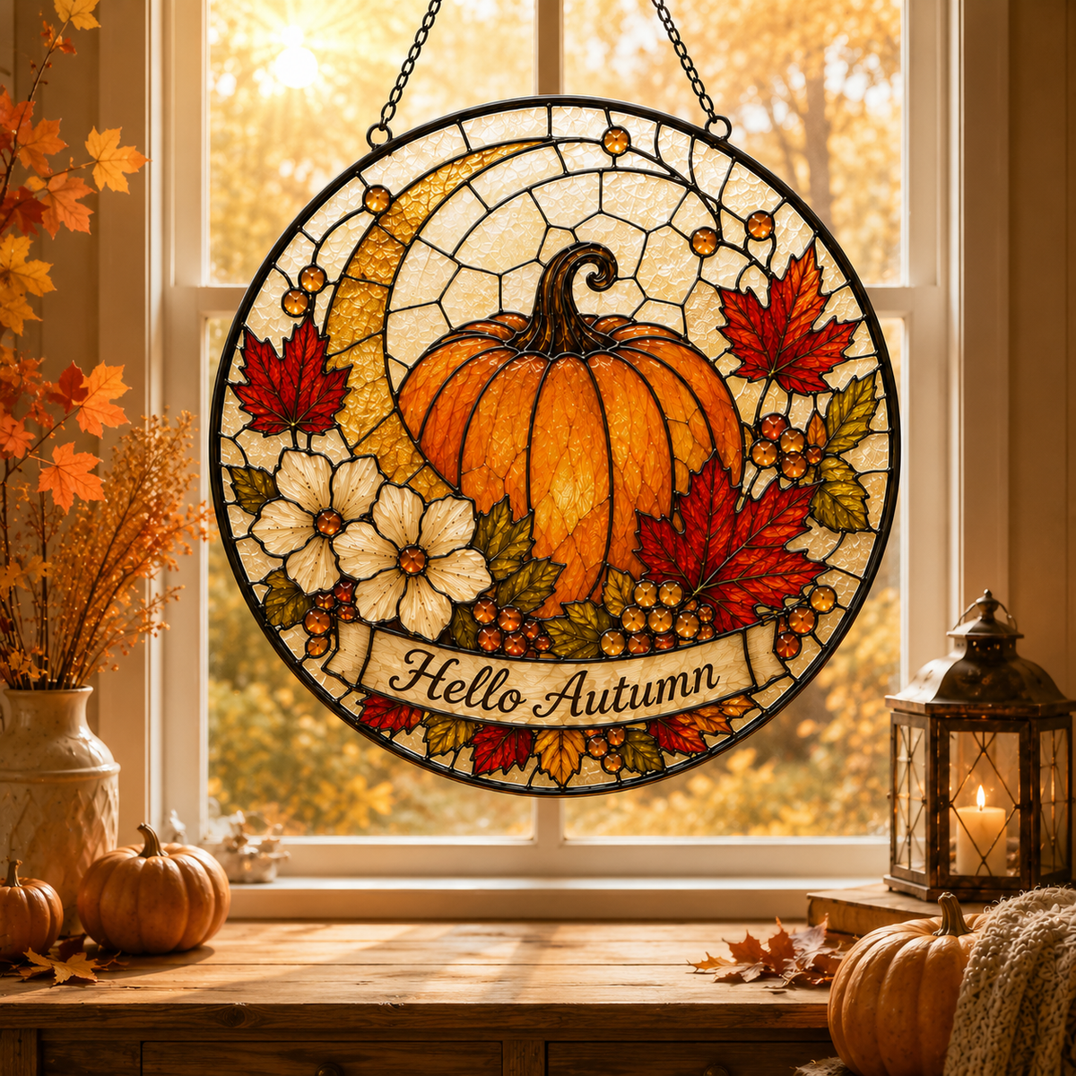 Hello Autumn Pumpkin and Maple Leaves Glass Suncatcher, Fall Window Hanging Home Decor