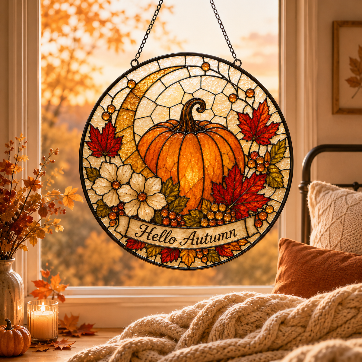 Hello Autumn Pumpkin and Maple Leaves Glass Suncatcher, Fall Window Hanging Home Decor