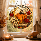 Hello Autumn Pumpkin and Maple Leaves Glass Suncatcher, Fall Window Hanging Home Decor