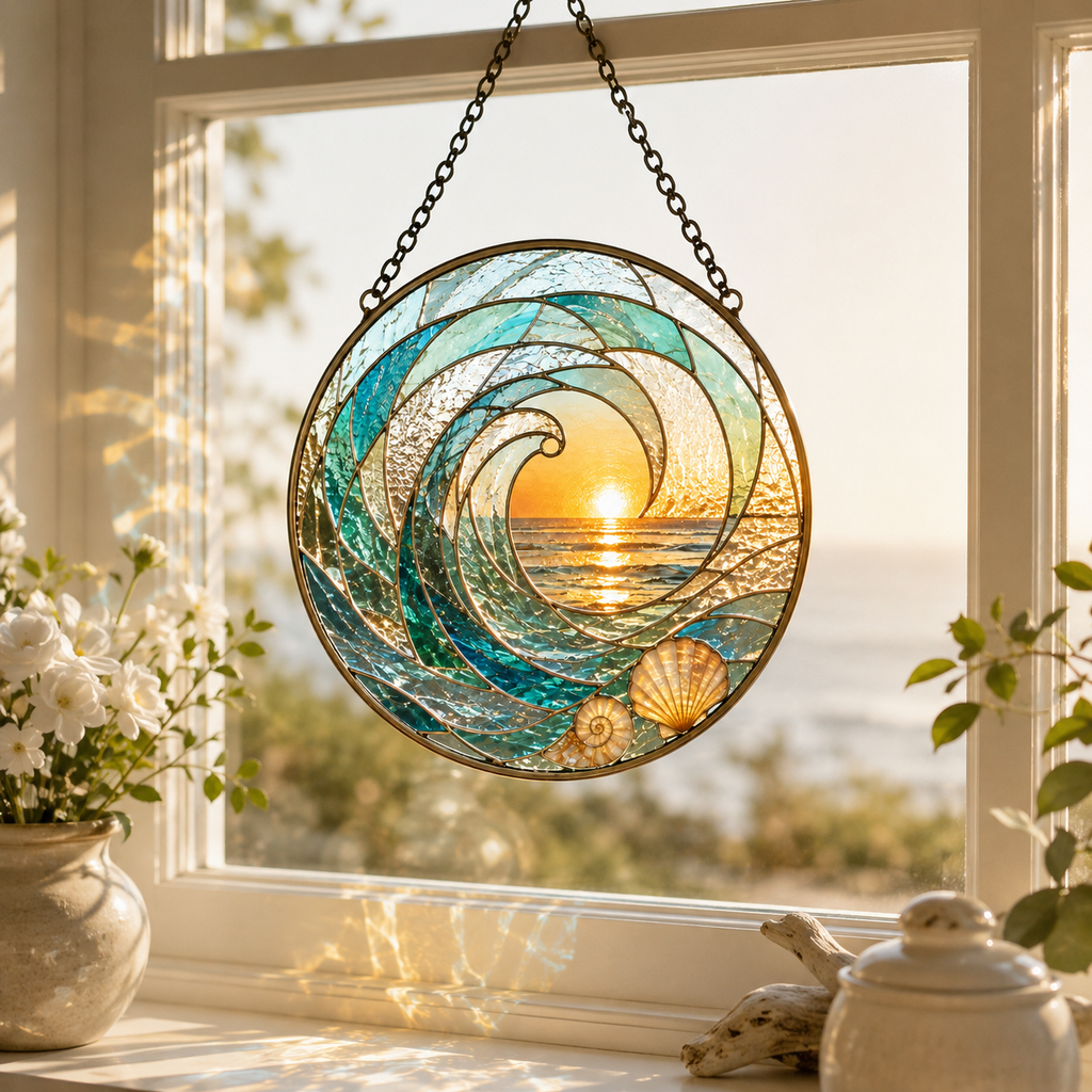 Ocean Wave Sunset and Seashell Glass Suncatcher, Coastal Window Hanging Home Decor