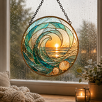 Ocean Wave Sunset and Seashell Glass Suncatcher, Coastal Window Hanging Home Decor