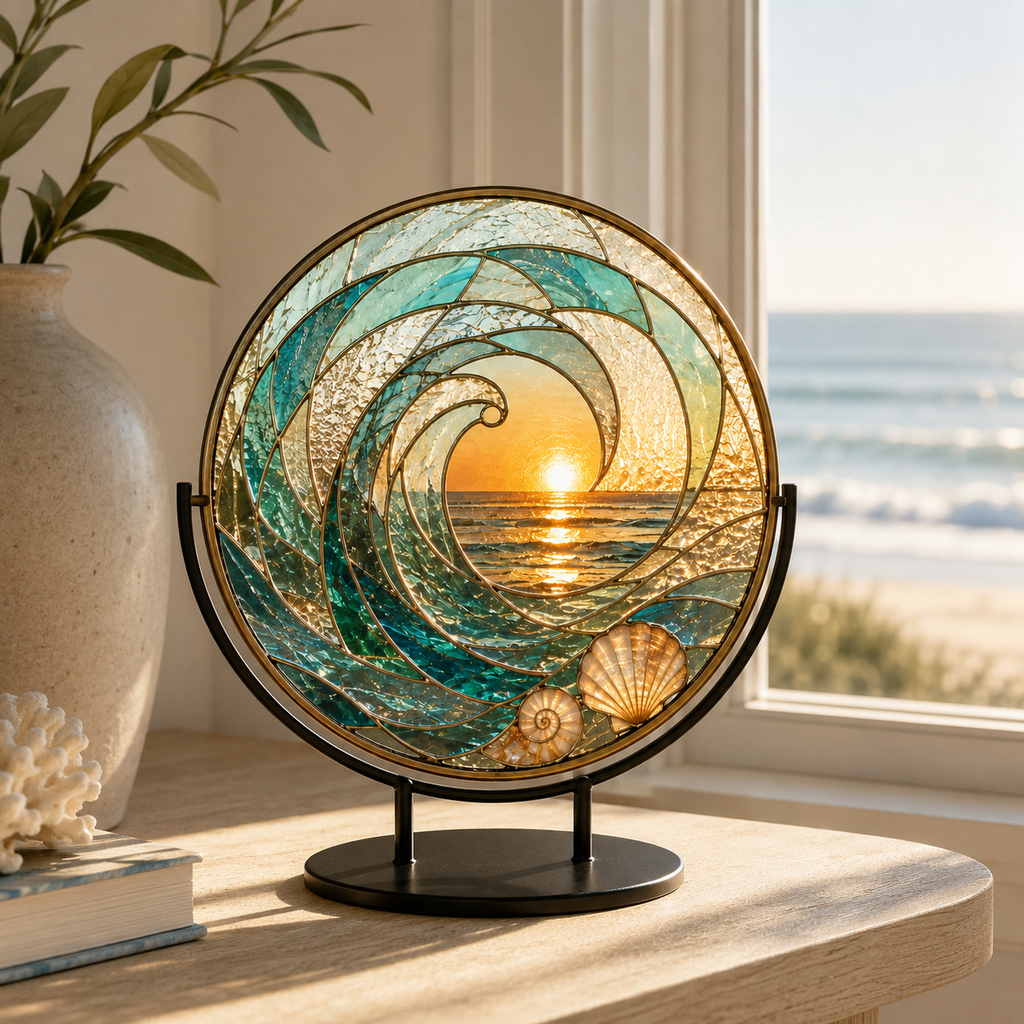 Ocean Wave Sunset and Seashell Glass Suncatcher, Coastal Window Hanging Home Decor