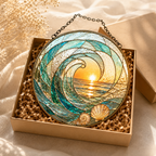 Ocean Wave Sunset and Seashell Glass Suncatcher, Coastal Window Hanging Home Decor
