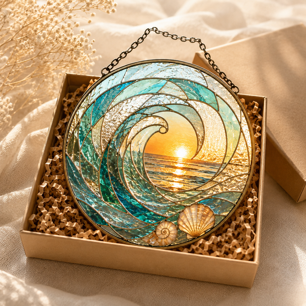Ocean Wave Sunset and Seashell Glass Suncatcher, Coastal Window Hanging Home Decor