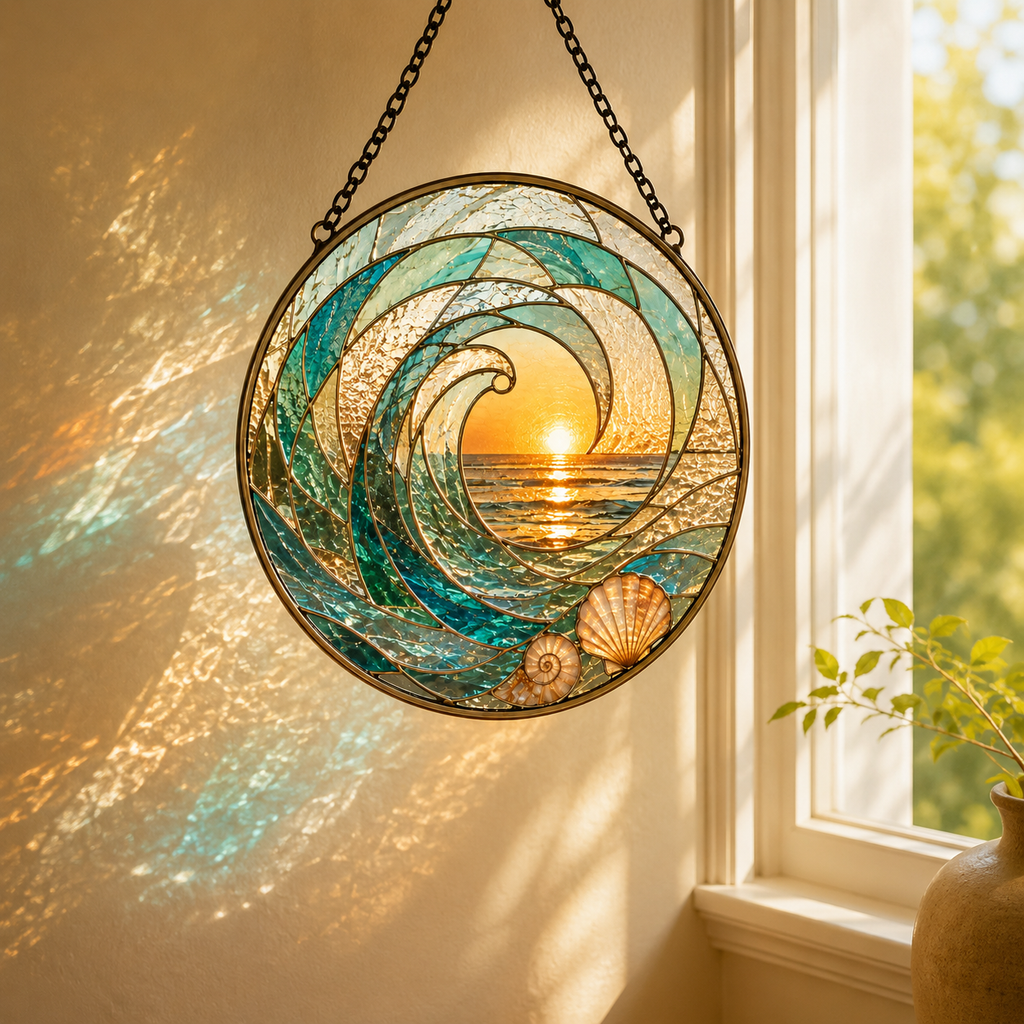 Ocean Wave Sunset and Seashell Glass Suncatcher, Coastal Window Hanging Home Decor