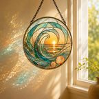 Ocean Wave Sunset and Seashell Glass Suncatcher, Coastal Window Hanging Home Decor