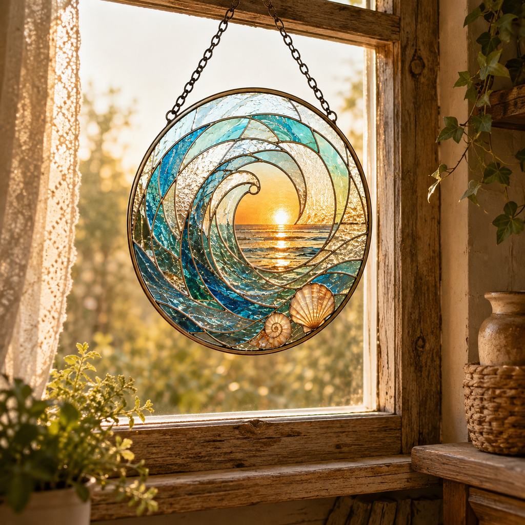 Ocean Wave Sunset and Seashell Glass Suncatcher, Coastal Window Hanging Home Decor