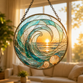Ocean Wave Sunset and Seashell Glass Suncatcher, Coastal Window Hanging Home Decor