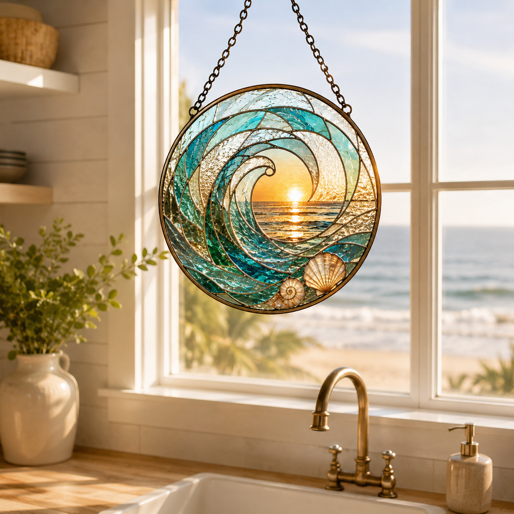 Ocean Wave Sunset and Seashell Glass Suncatcher, Coastal Window Hanging Home Decor