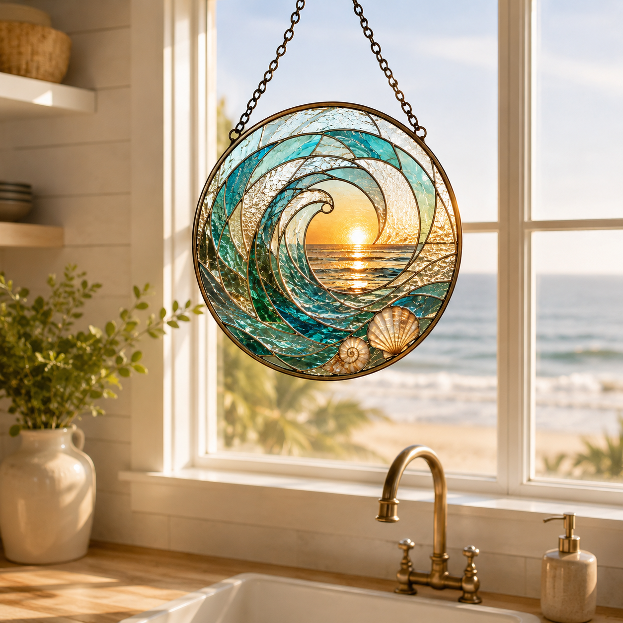 Ocean Wave Sunset and Seashell Glass Suncatcher, Coastal Window Hanging Home Decor