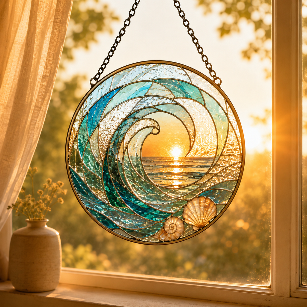 Ocean Wave Sunset and Seashell Glass Suncatcher, Coastal Window Hanging Home Decor