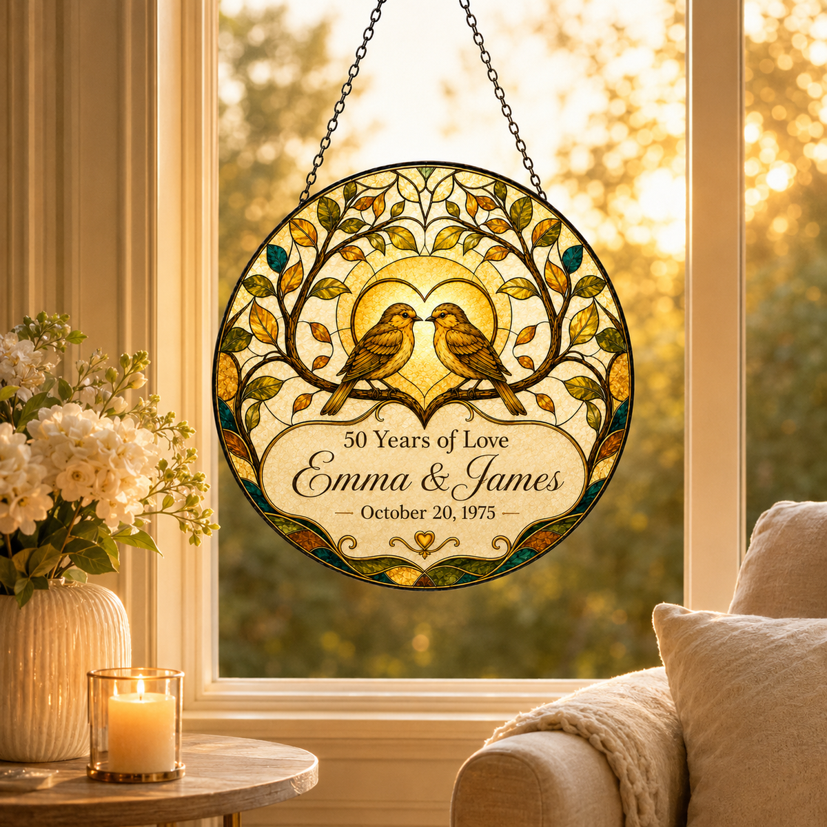 Personalized 50th Wedding Anniversary Bird Glass Suncatcher, Custom Couple Names and Date Golden Anniversary Gift