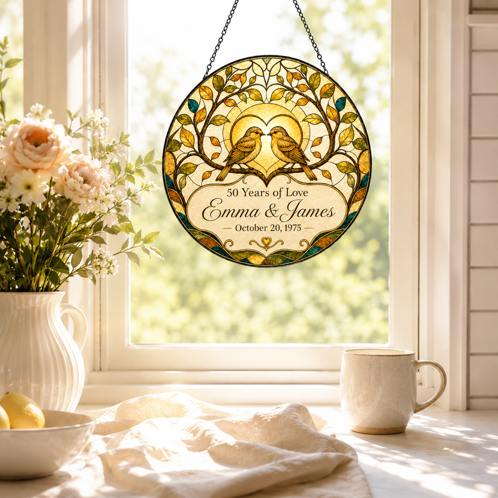 Personalized 50th Wedding Anniversary Bird Glass Suncatcher, Custom Couple Names and Date Golden Anniversary Gift