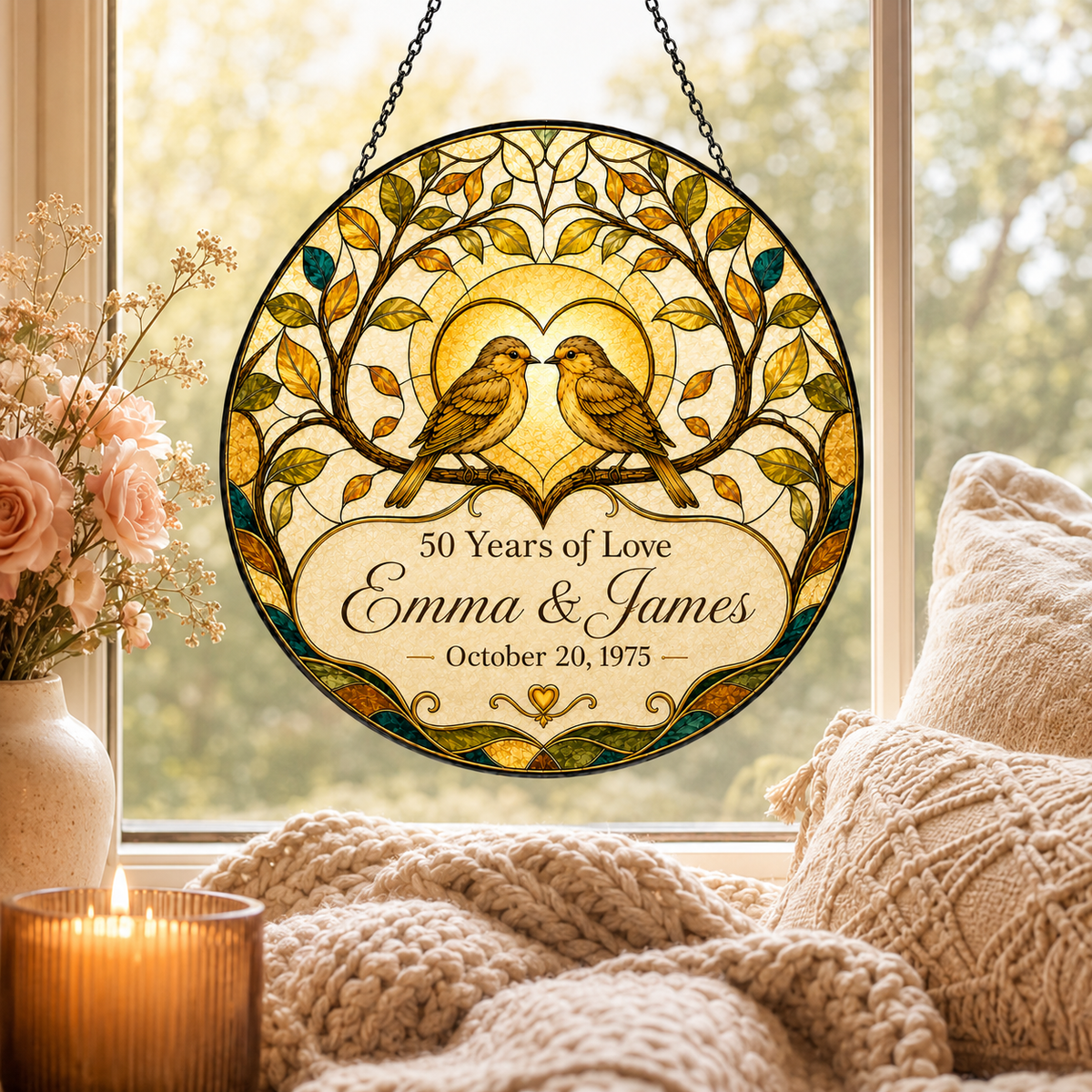 Personalized 50th Wedding Anniversary Bird Glass Suncatcher, Custom Couple Names and Date Golden Anniversary Gift