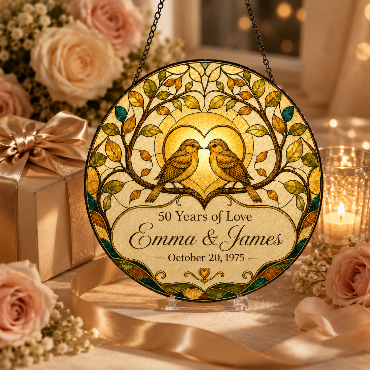 Personalized 50th Wedding Anniversary Bird Glass Suncatcher, Custom Couple Names and Date Golden Anniversary Gift