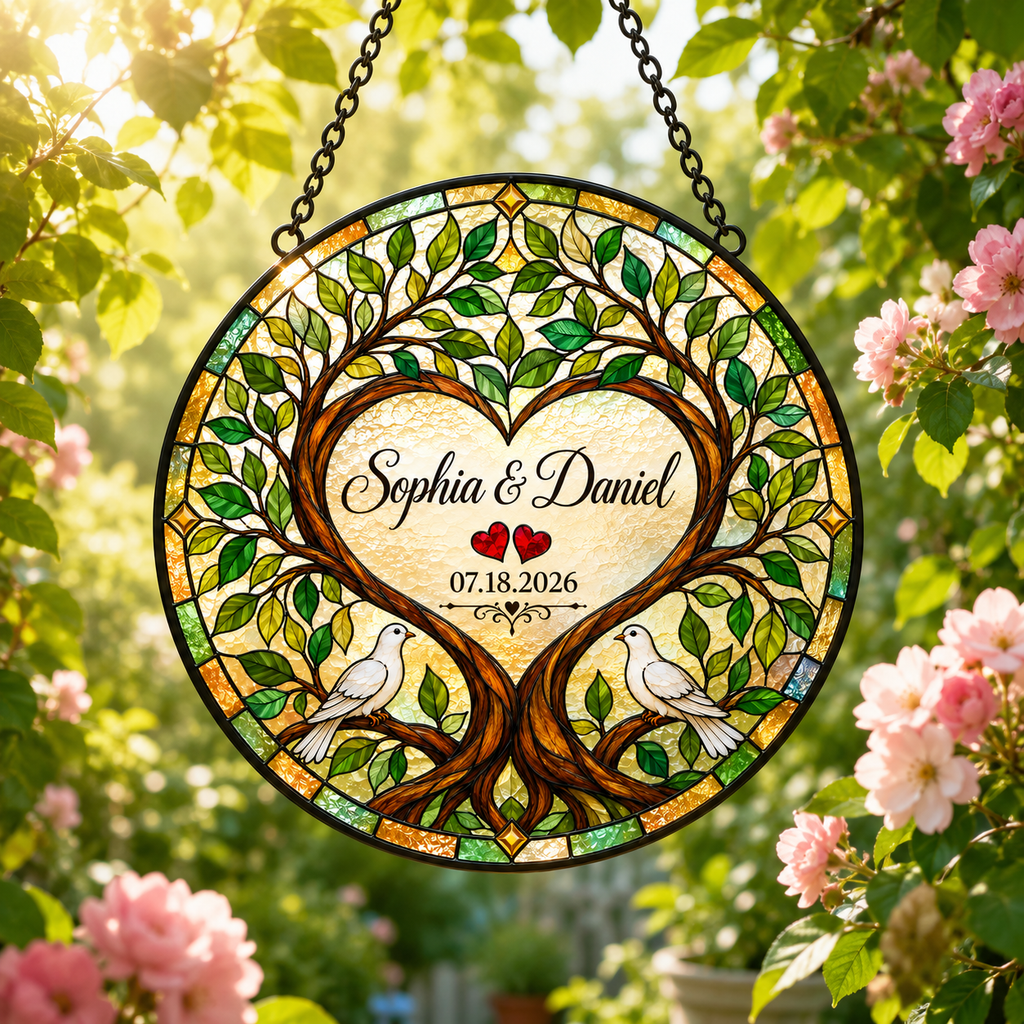 Personalized Couple Names and Date Tree of Life Glass Suncatcher, Custom Wedding Anniversary Gift with Doves