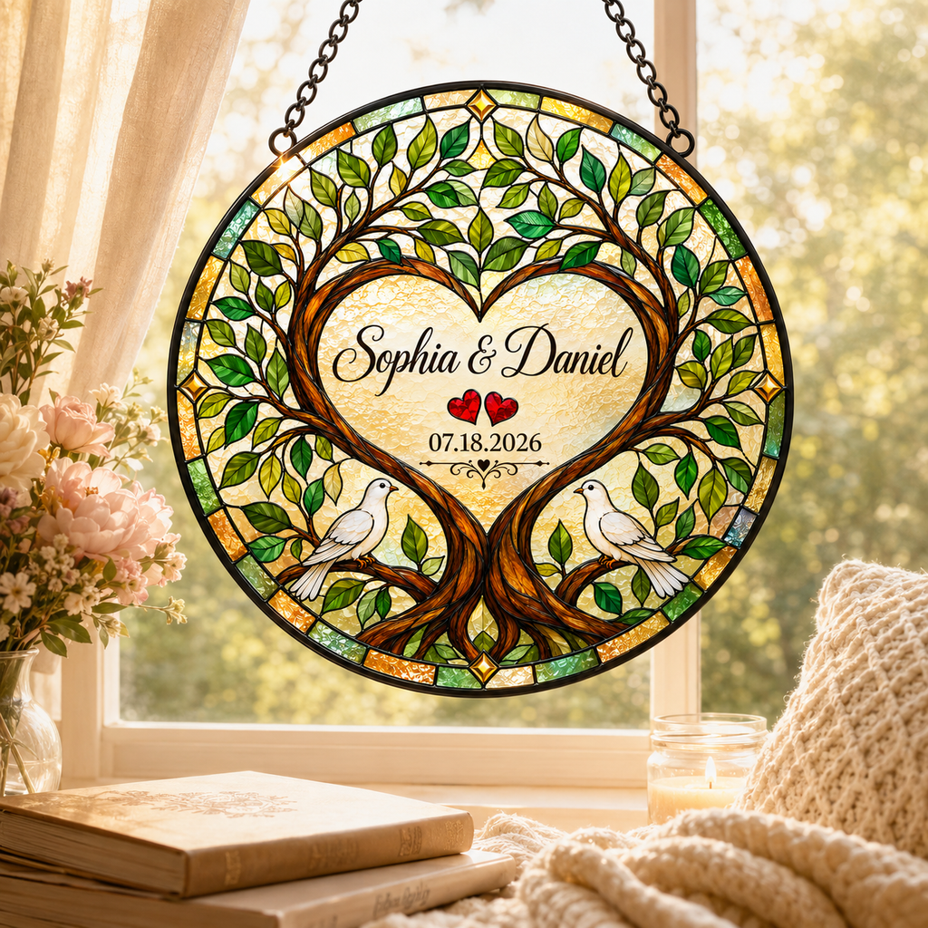 Personalized Couple Names and Date Tree of Life Glass Suncatcher, Custom Wedding Anniversary Gift with Doves