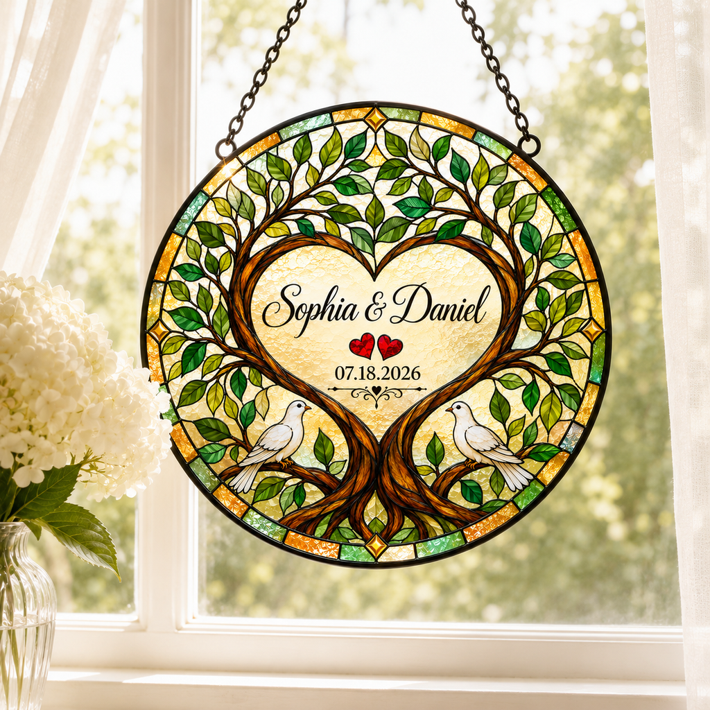 Personalized Couple Names and Date Tree of Life Glass Suncatcher, Custom Wedding Anniversary Gift with Doves