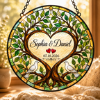 Personalized Couple Names and Date Tree of Life Glass Suncatcher, Custom Wedding Anniversary Gift with Doves