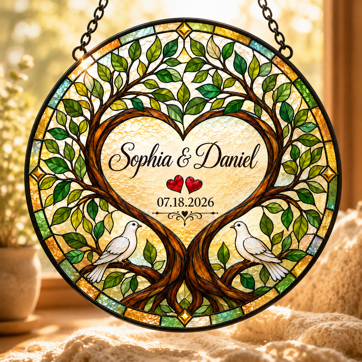 Personalized Couple Names and Date Tree of Life Glass Suncatcher, Custom Wedding Anniversary Gift with Doves