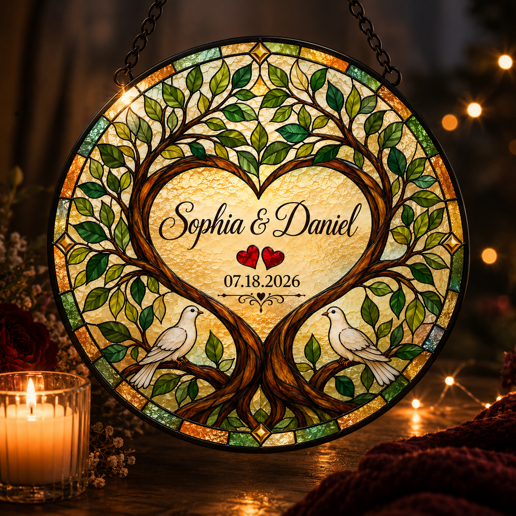 Personalized Couple Names and Date Tree of Life Glass Suncatcher, Custom Wedding Anniversary Gift with Doves