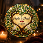 Personalized Couple Names and Date Tree of Life Glass Suncatcher, Custom Wedding Anniversary Gift with Doves