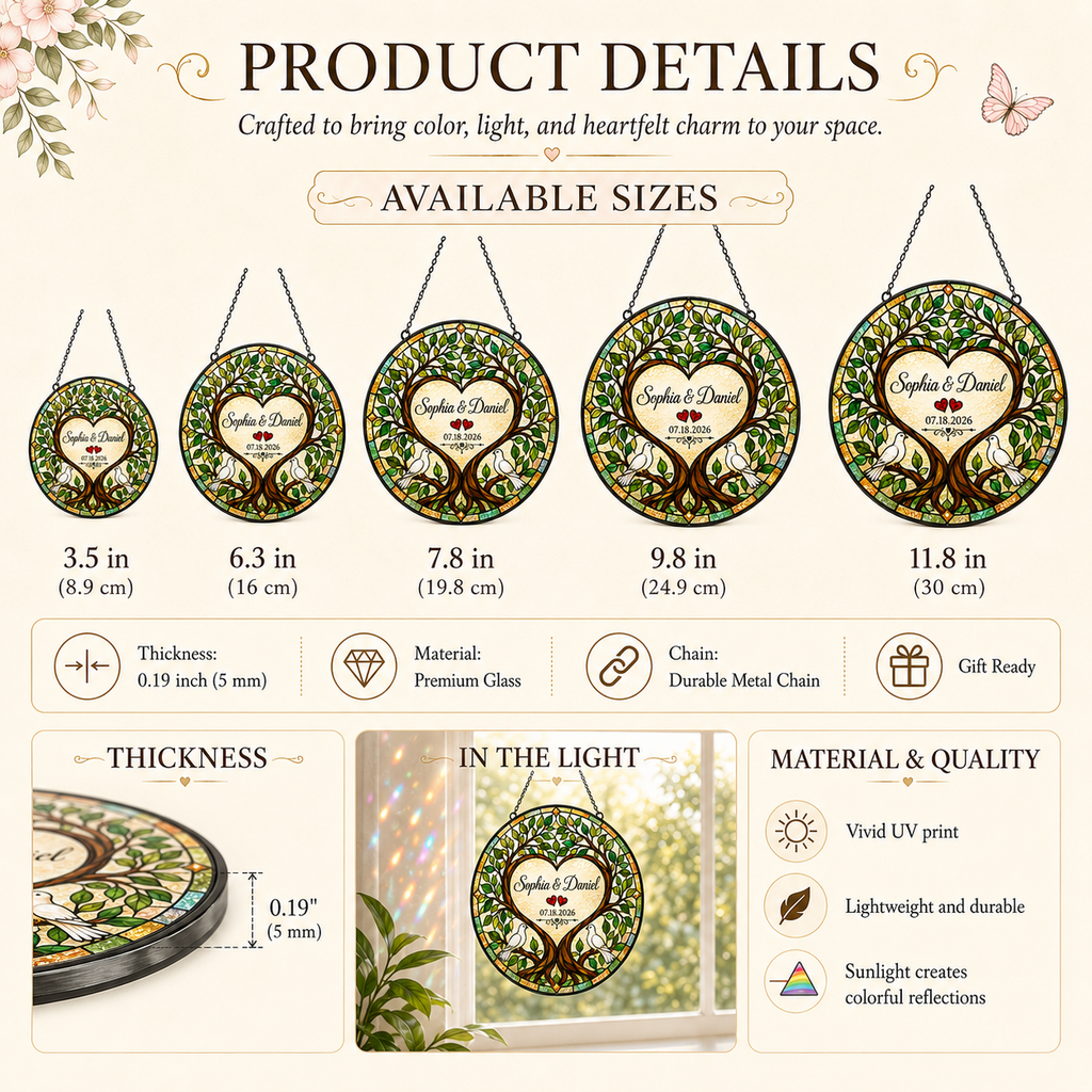 Personalized Couple Names and Date Tree of Life Glass Suncatcher, Custom Wedding Anniversary Gift with Doves