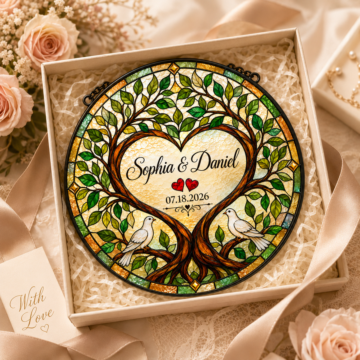 Personalized Couple Names and Date Tree of Life Glass Suncatcher, Custom Wedding Anniversary Gift with Doves