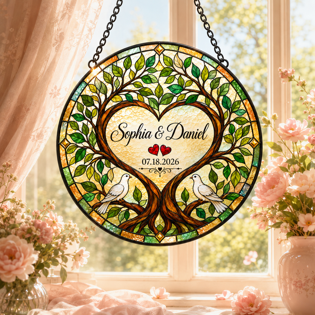 Personalized Couple Names and Date Tree of Life Glass Suncatcher, Custom Wedding Anniversary Gift with Doves