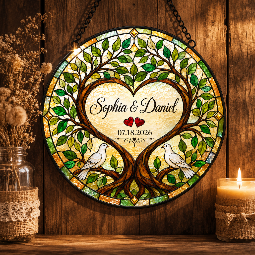 Personalized Couple Names and Date Tree of Life Glass Suncatcher, Custom Wedding Anniversary Gift with Doves