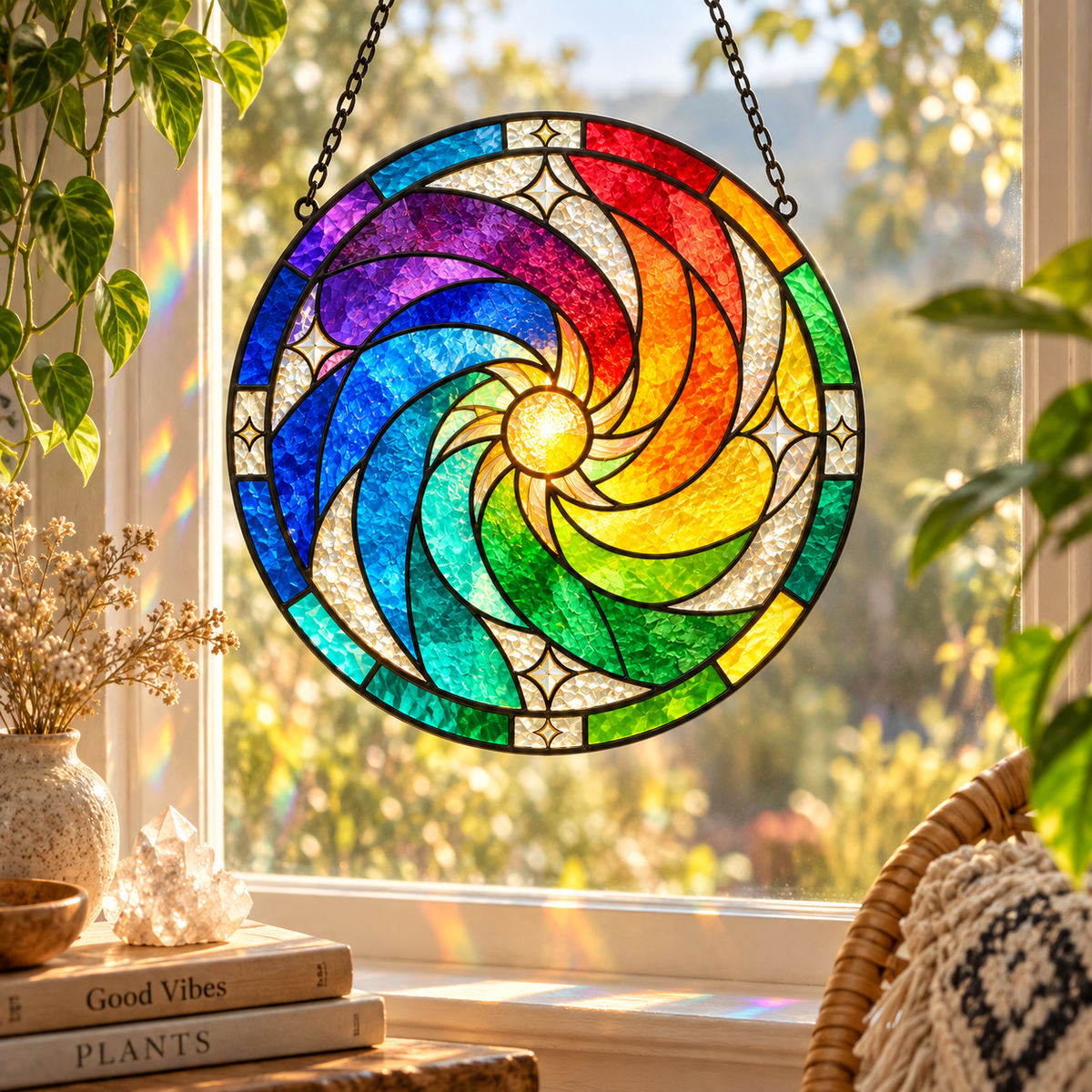 Rainbow Sun Spiral Glass Suncatcher, Colorful Window Hanging Home Decor