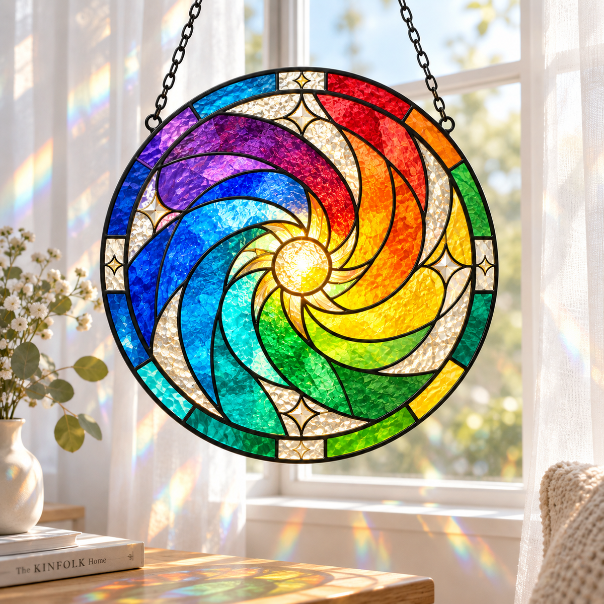 Rainbow Sun Spiral Glass Suncatcher, Colorful Window Hanging Home Decor