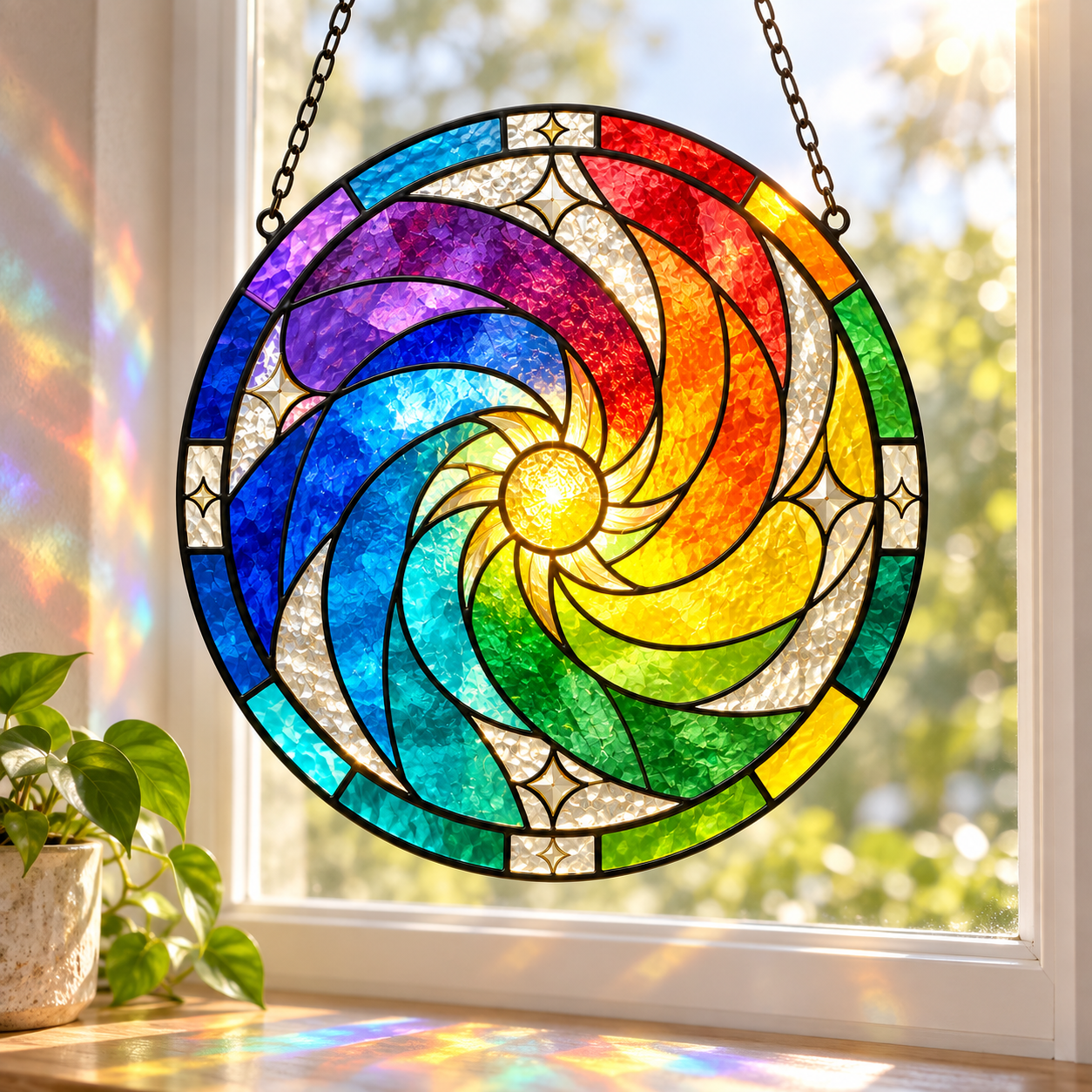 Rainbow Sun Spiral Glass Suncatcher, Colorful Window Hanging Home Decor